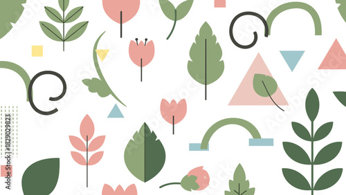 Seamless pattern with minimalist geometric floral and leaf elements in soft pastel colors