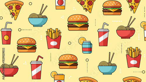 Seamless pattern of various fast food items like burger, pizza, noodle, fry, and drink on yellow