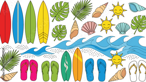 Collection of colorful summer beach vacation icons including surfboard, leaf, shell, sun, and flip flop