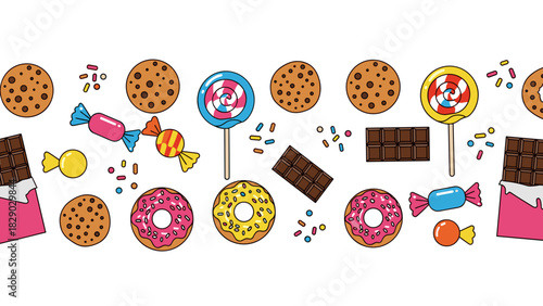 Seamless pattern border with various colorful candy, donut, cookie, and chocolate bar illustrations