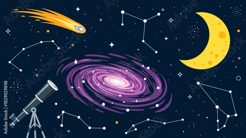 Vibrant illustration of deep space featuring a galaxy, crescent moon, comet, telescope, and constellations