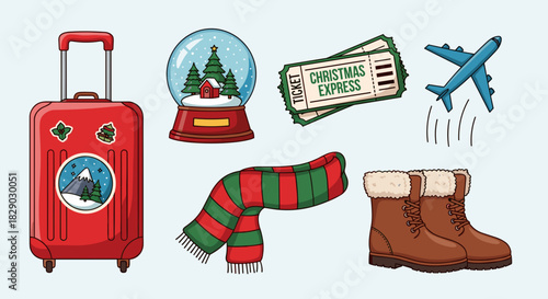 Collection of winter travel and holiday items including suitcase, snow globe, ticket, airplane, scarf, and boot