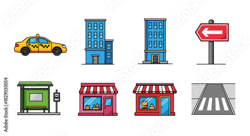Pixel art set of city elements including taxi building bus stop shop and crosswalk
