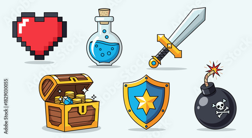 Collection of pixel art and cartoon video game assets like heart, potion, sword, chest, shield, and bomb