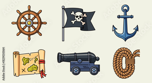 Collection of cartoon pirate icons including ship wheel, jolly roger flag, anchor, map, cannon, and rope
