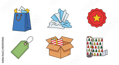 Set of six hand drawn icons related to gift wrapping and packaging