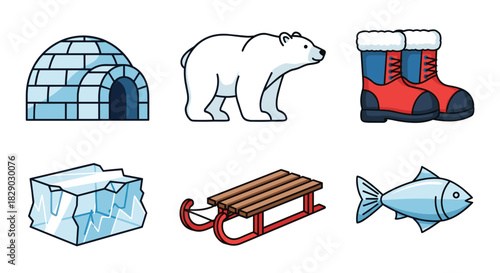 Set of arctic and winter icons including igloo, polar bear, boot, ice block, sled, and fish