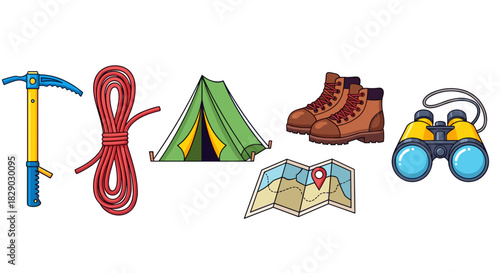 Collection of essential camping and hiking gear including ice axe, rope, tent, boots, map, and binoculars