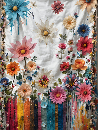 A colorful blanket with flowers and stripes on it. The blanket is white and has a lot of colors