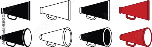 Set of megaphone icons in varied styles and colors for communication, branding, and user interface vector design.