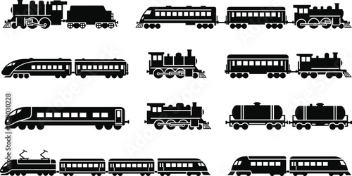 Train Silhouettes Vector Collection Featuring Steam, Diesel, and High-Speed Locomotives with Passenger and Cargo Wagons