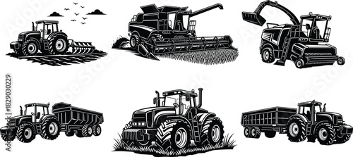 Tractor Plowing Field, Combine Harvester Cutting Wheat, Forage Harvester and Heavy-Duty Farm Equipment Vector Illustration
