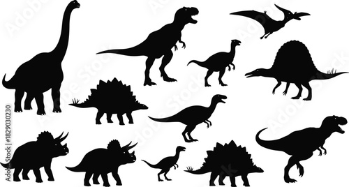 Tyrannosaurus, Triceratops, Brontosaurus, and Pterodactyl Extinct Animal Collection for Design Projects.