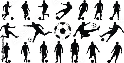 Soccer Football Players Silhouettes Vector Collection in Dynamic Action Poses Dribbling, Kicking, and Shooting the Ball
