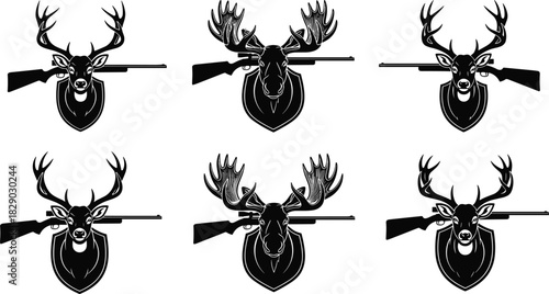 Vintage Hunting Trophy Black Silhouettes Vector Set of Deer and Moose Heads Mounted with Rifle for Lodge and Sport Design