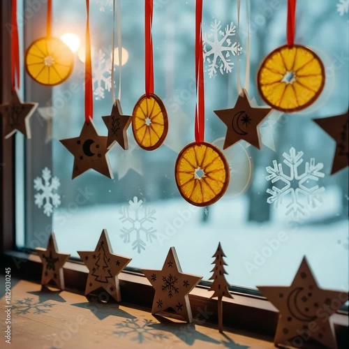 Cozy Christmas window decor with dried orange slices and wooden stars, warm holiday video for festive designs, home projects, and seasonal motion graphics