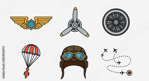 Collection of aviation and pilot icons including wings, propeller, wheel, parachute, helmet, and flight path