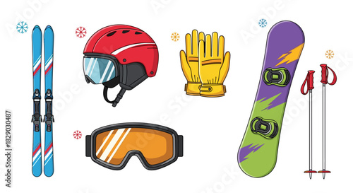 Collection of winter sport equipment including skis, snowboard, helmet, goggle, and glove