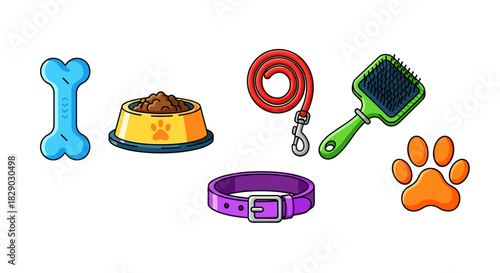 Collection of cartoon pet care items including a bone, food bowl, leash, brush, collar, and paw print