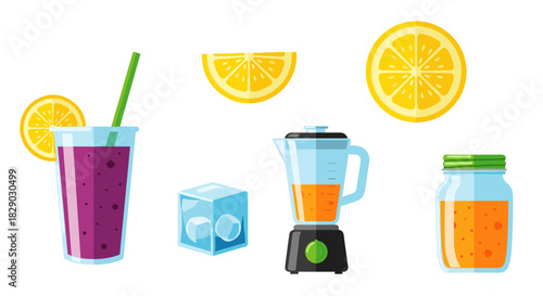 Set of fresh fruit smoothie ingredients, blender, ice cube, and juice