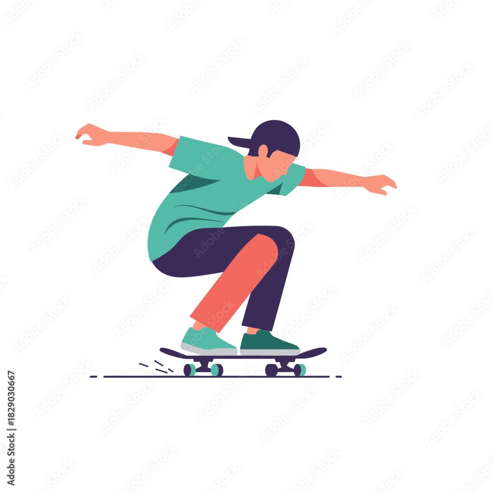 Obraz premium Dynamic illustration of a young man skateboarding, captured in a thrilling action pose with perfect balance and skill, embodying urban sports and active youth culture