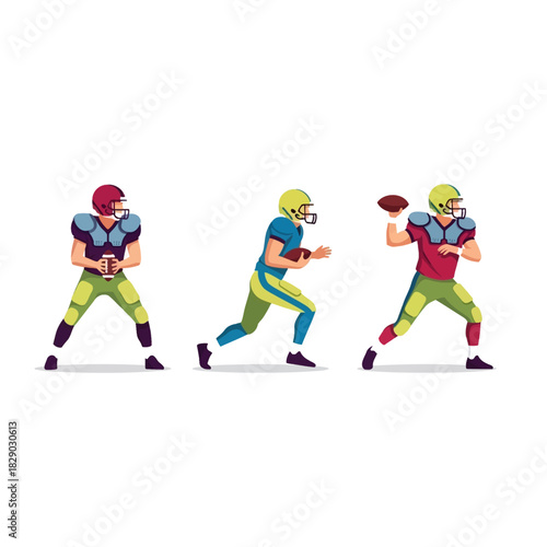 Vibrant Flat Illustration of American Football Players in Dynamic Poses Ready for Action on the Field, Capturing the Essence of the Sport