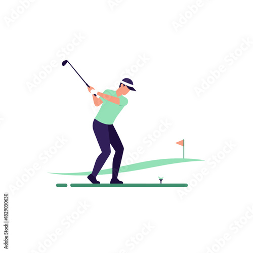 Vector illustration of a male golfer in a classic swing pose, playing on a green course with a flag and tee