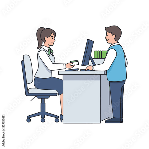 Bank teller assisting a customer with a transaction at a bank counter, banking concept