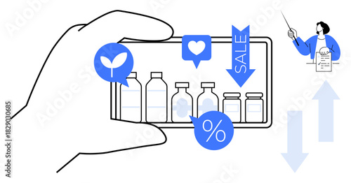 Hand holding smartphone displaying health product bottles with discount indicators, sale tags, and interaction symbols. Pharmacist providing guidance. Ideal for health, e-commerce, promotion