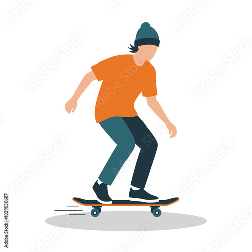 Young person wearing a beanie and orange t-shirt enjoys riding a skateboard on a white background