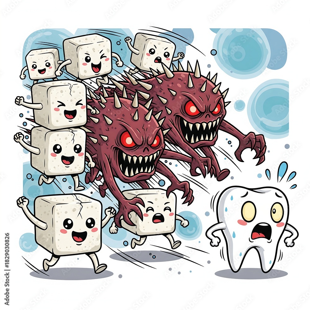 Obraz premium animated sugar cubes turning into vicious, spiked bacteria monsters right before they attack a surprised, vulnerable tooth, d