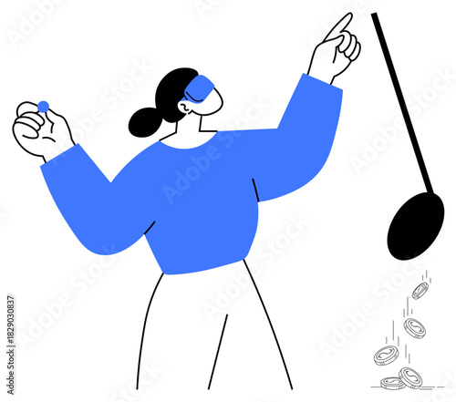 Blindfolded woman raises hand, holds a small ball, and tips a scale spilling coins. Ideal for justice, decision-making, balance, risk, fairness finance choice. Minimal simple flat metaphor