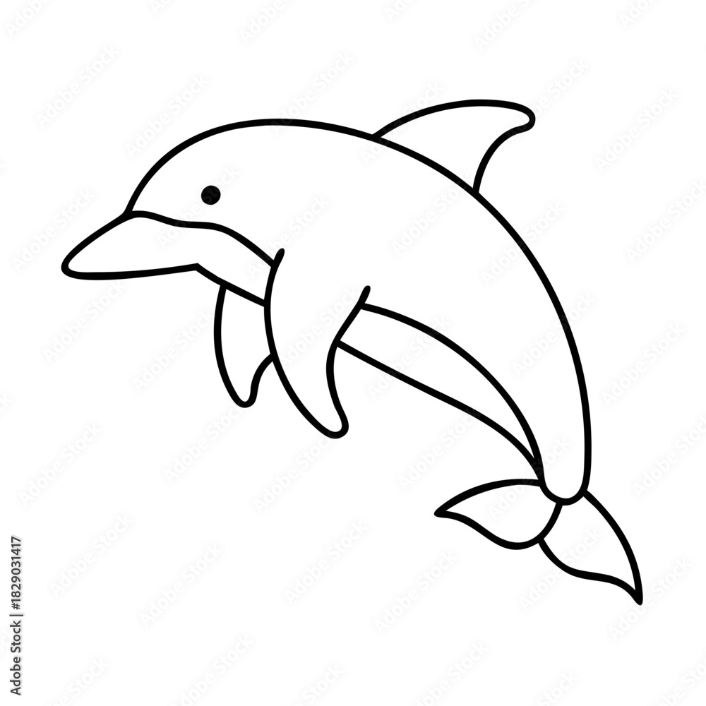 Fototapeta premium Simple black and white outline drawing of a playful dolphin jumping, a beloved marine mammal, depicted in a minimalist cartoon style, perfect for childrens activities or educational materials