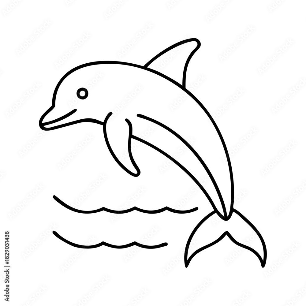Obraz premium Simple line art illustration of a playful dolphin leaping out of the water, showcasing its elegant form and movement, perfect for educational materials or childrens designs