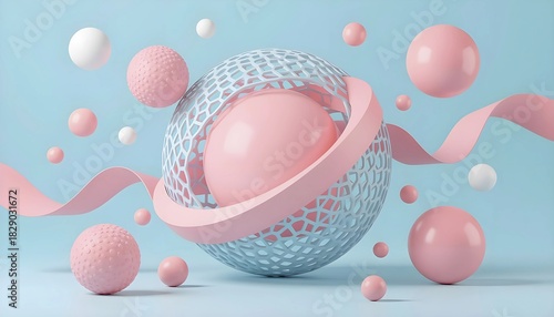 Fototapeta Naklejka Na Ścianę i Meble -  Organic Flow 3D Abstraction - Floating Spheres and Fluid Ribbons in Pastel Pink