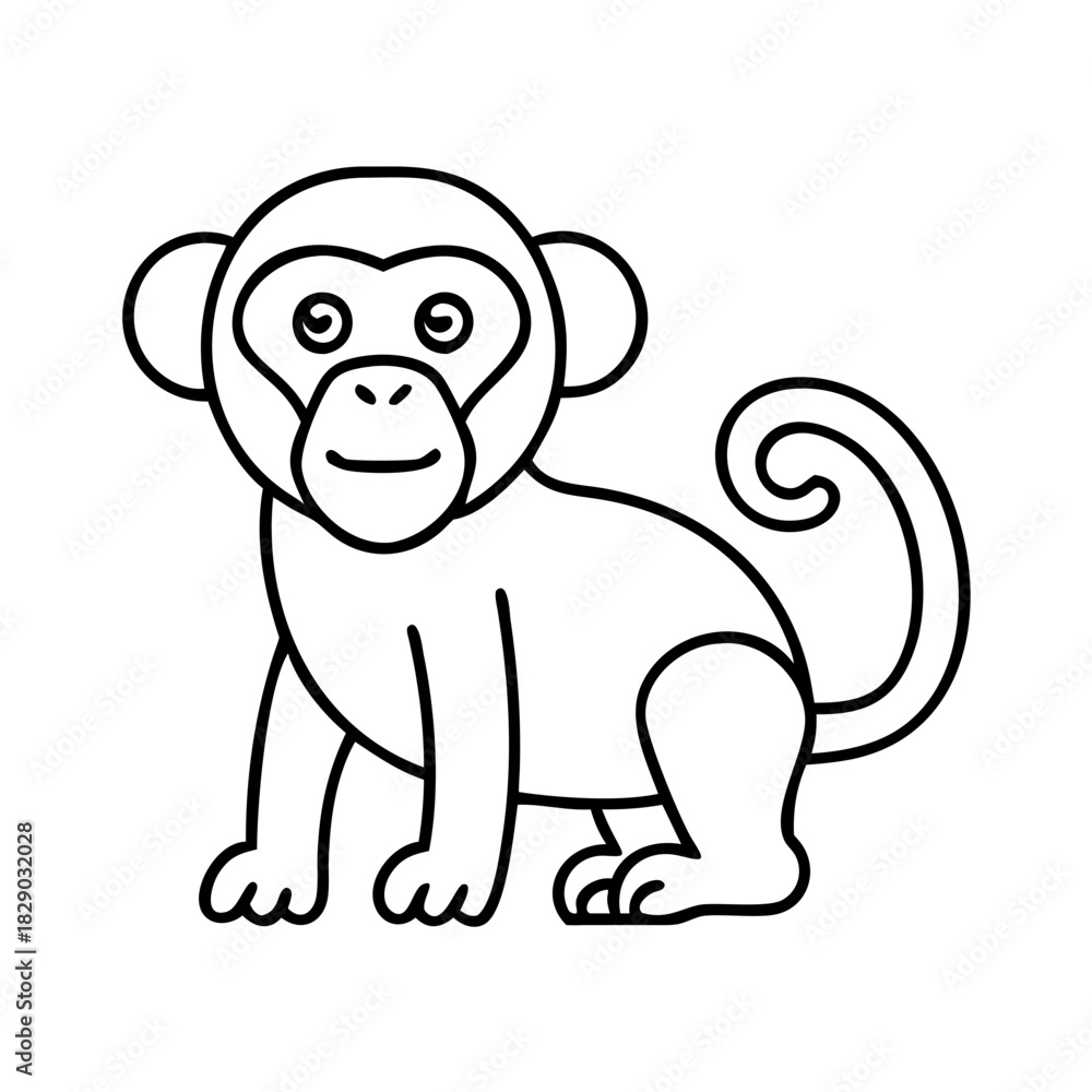 Fototapeta premium Cute cartoon monkey line art illustration, a simple black and white outline drawing of a primate, perfect for childrens books, coloring pages, or educational materials