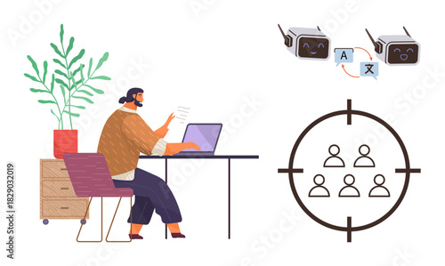 Man working at desk with laptop holding paper, AI translation tools, and team target icons. Ideal for teamwork, digital strategy, AI, remote work, productivity, goal alignment creative projects