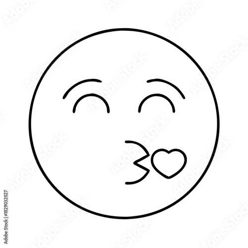 Line art illustration of a kissing emoji with closed eyes and a small heart, depicting love, affection, and tenderness