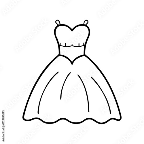 Simple black and white outline illustration of a beautiful womens formal dress, featuring a strapless bodice and full skirt, ideal for coloring books, fashion design, and event invitations