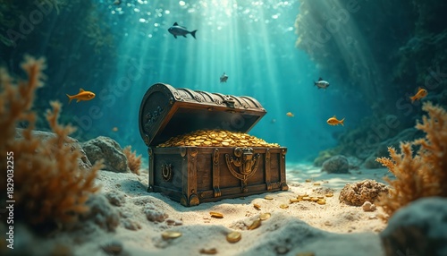 Open treasure chest with gold coins lies on seabed underwater. Sun rays illuminate marine life with fish in sea. Concept of treasure hunting, lost wealth, golden fortune.