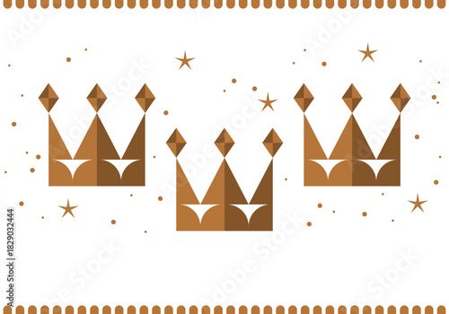 Three gold crowns for Traditional Three King's Day of January 6, holiday background vector illustration. Epiphany holiday