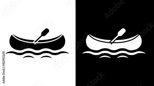 Canoe Icon Silhouette on Waves Boating Paddling Concept