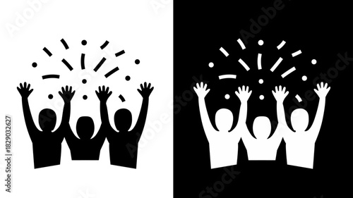 Celebrating Crowd with Confetti Vector Illustration on White and Black