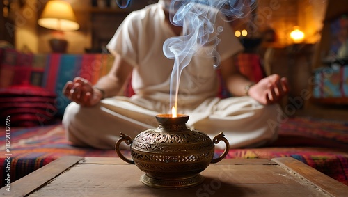 A Saudi Arabian man is holding an incense burner containing fragrant and beautiful incense.