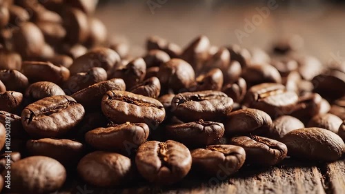 Closeup Macro Shot of Roasted Coffee Beans on a Rustic Wooden Surface.