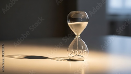 New Year 2026 hourglass countdown with golden sand on a warm minimalist background, symbolizing time and year transition | Happy new year 2026 | 2026 | Happy new year
