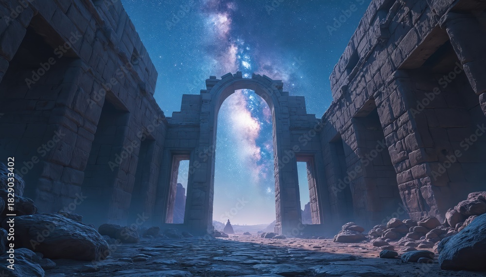Fototapeta premium Ancient alien temple is aligned perfectly with milky way. Ruins tell stories under galaxy eyes. Fantasy night landscape with cosmic sky full of stars and temple ruins. Light and space travel themes.