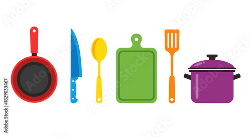 Collection of colorful cooking utensil icons including pan knife spoon cutting board spatula and pot