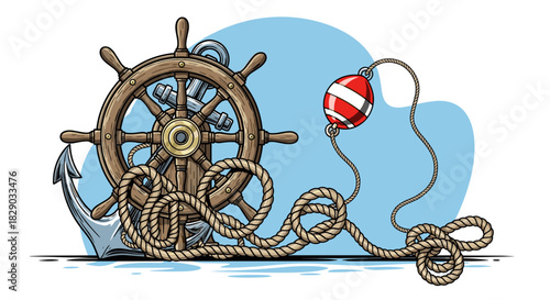 Nautical theme illustration with wooden ship steering wheel, anchor, rope, and red buoy