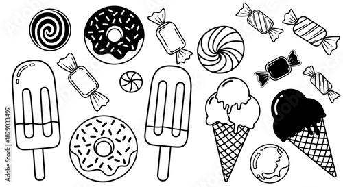 Collection of hand drawn sweet dessert icons including donut, ice cream, lollipop, and candy